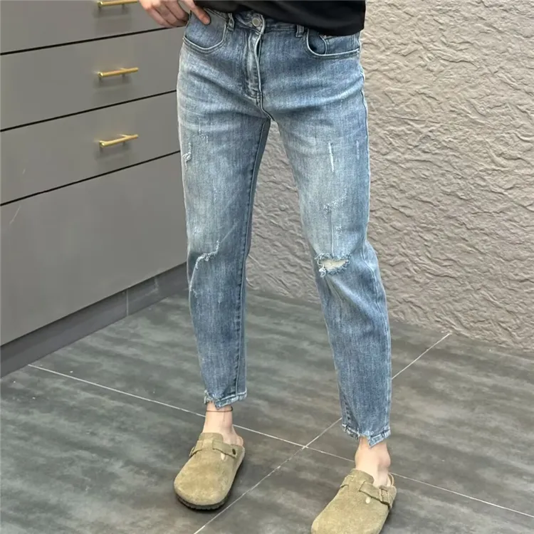 设计款刮烂九分牛仔裤男修身小直筒2025夏季新款时尚刮烂小脚裤子