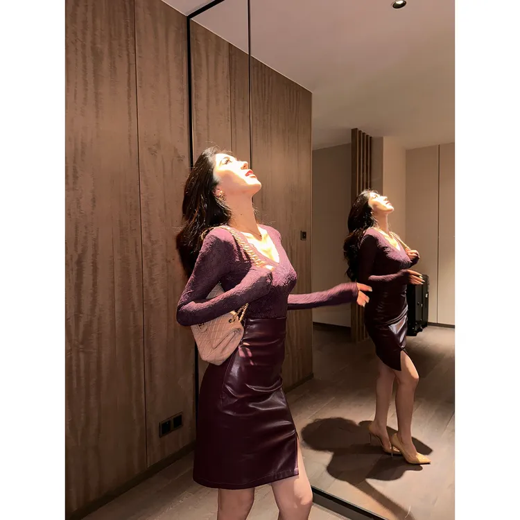 【卟娜娜专属】A652秋季纯欲性感辣妹蕾丝长袖T恤上衣包臀半身皮裙