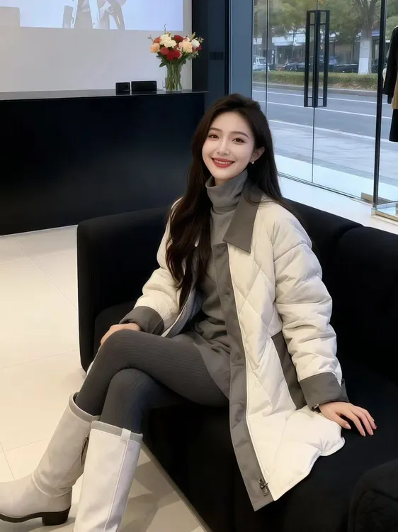 秋季加厚保暖宽松显瘦长款外套设计感撞色拼接长袖翻领棉服985164