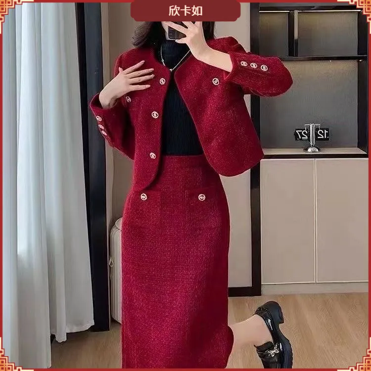 II红色小香风套装女秋冬今年流行气质名媛设计感短外套半身裙两I
