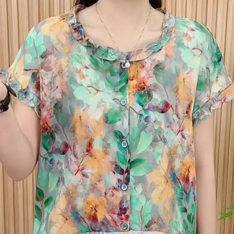 2025夏季新款时尚洋气简约印花气质法式花边领百搭短袖T恤小衫女