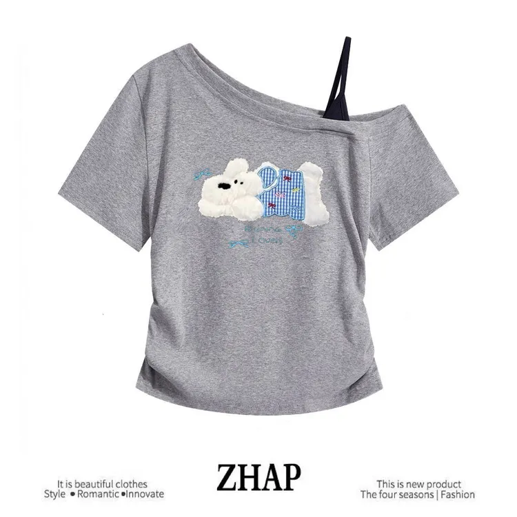 【ZHAP】斜肩吊带短袖t恤女露肩浅灰色休闲盐系chic欧美风印花上衣