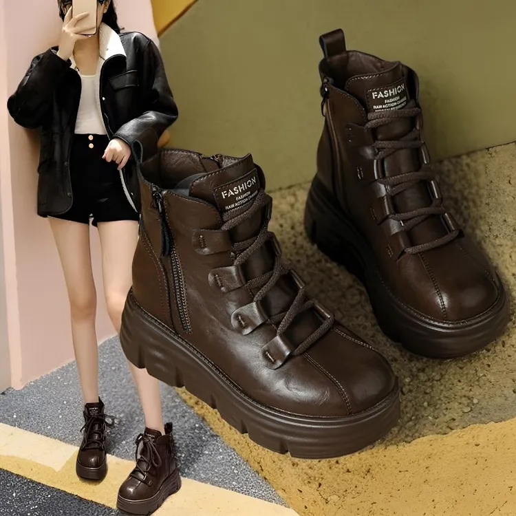 内增高8cm厚底真皮马丁靴女款小个子不累脚加绒短靴2025秋冬爆款