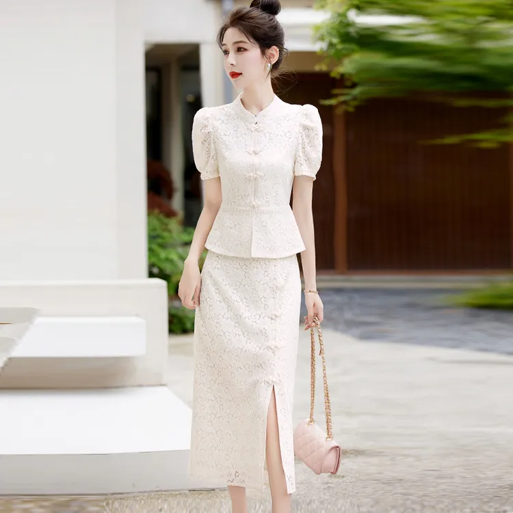 新中式国风蕾丝套装裙子女夏装名媛时尚气质改良旗袍连衣裙两件套