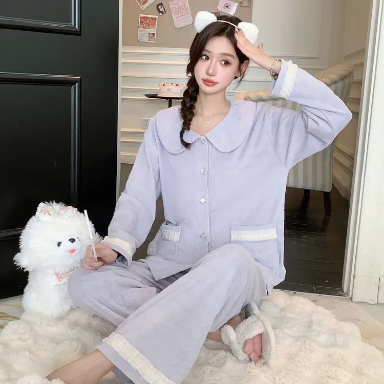 秋冬季新款海岛绒睡衣女加绒保暖娃娃领柔软可外穿少女家居服套装
