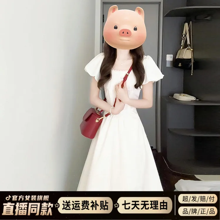 小个子法式初恋白色泡泡袖连衣裙子女装夏季2025新款气质收腰长裙
