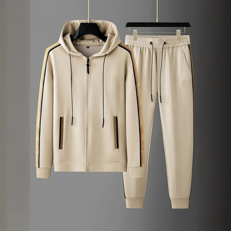 秋季莫代尔太空棉两件套撞色织带男士连帽开衫卫衣休闲运动套装男