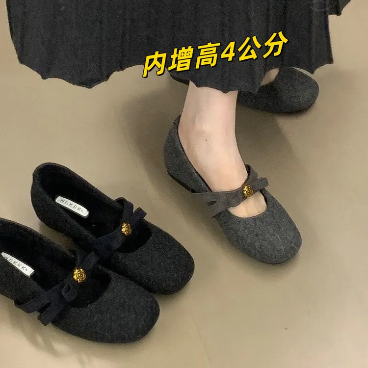 韩系灰色内增高加绒保暖玛丽珍鞋单鞋2025秋冬新款山茶花毛毛鞋