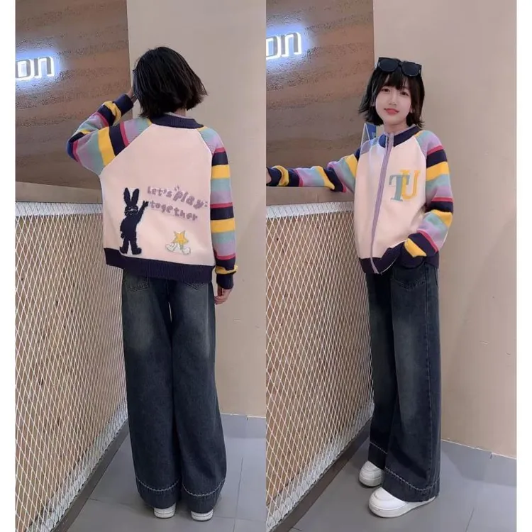 女童春秋款毛衣套装2025新款彩条针织毛衣百搭休闲阔腿裤两件套