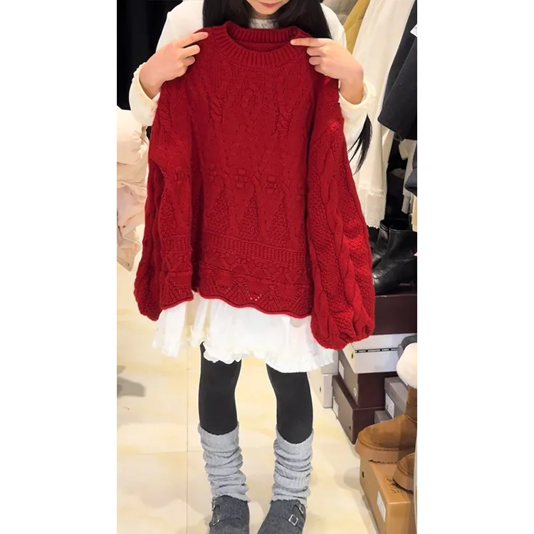 今年流行穿搭一整套2026新款设计感新年红色洋气拼接宽松毛衣