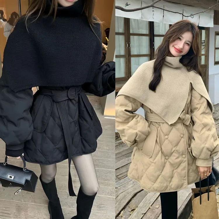 运补6-8元~冬季新款设计感系带收腰菱格中长款棉服外套+针织披肩两件套A1596