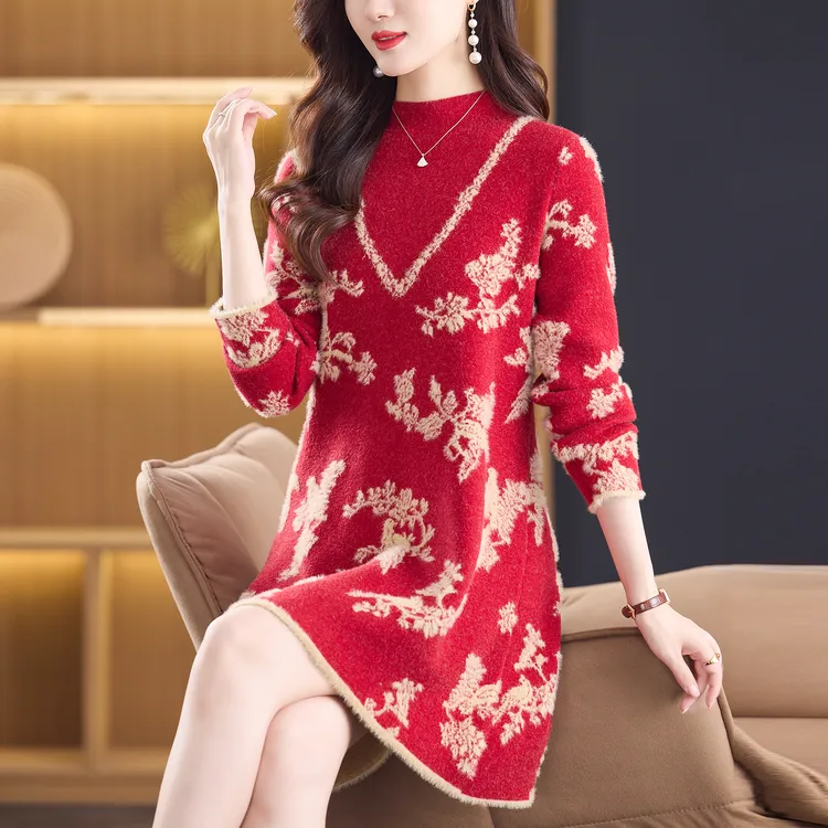 时尚中老年mm秋冬大码宽松提花防水貂绒加厚保暖中长款半高领打底