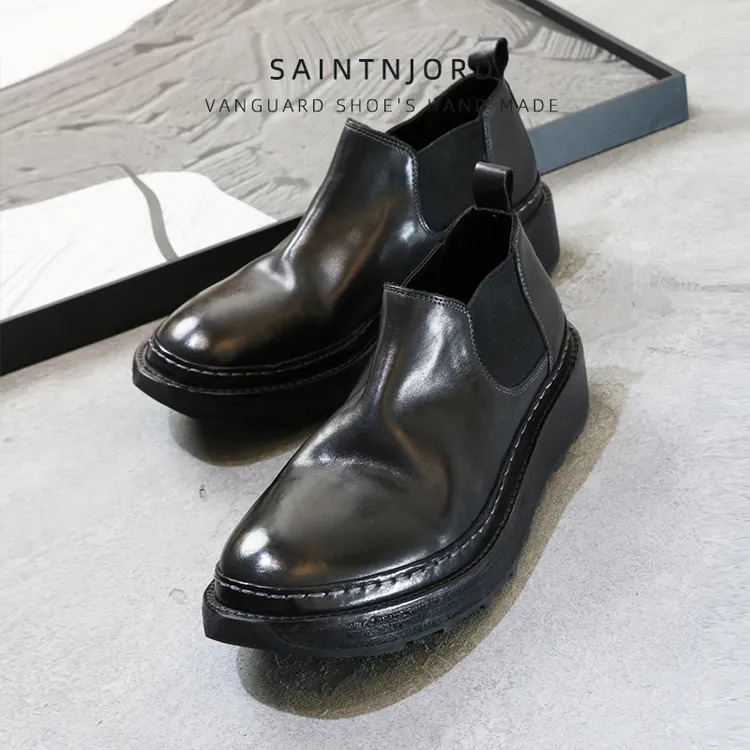 马皮大头复古水洗低帮男士休闲皮鞋短靴套脚皮底短筒切尔西男靴