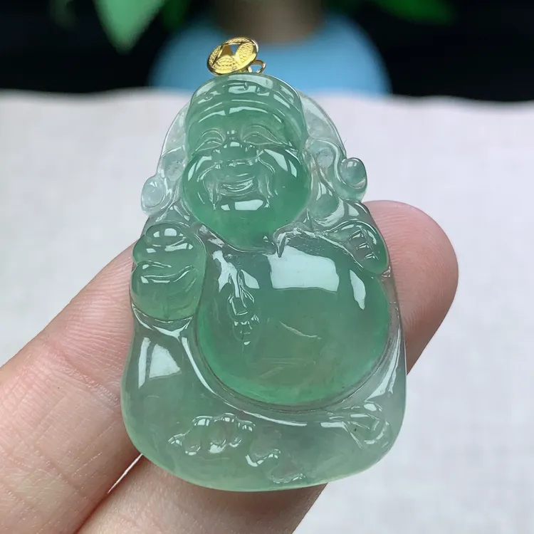 l缅甸天然翡翠A货39.5-27-5.8玉石老坑冰种满绿财神爷吊坠气质