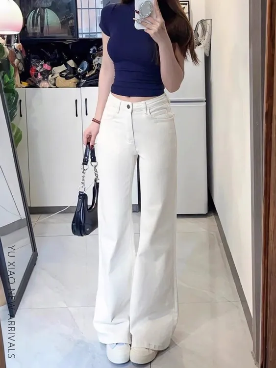 美式白色不贴腿微喇裤女2025高腰显瘦修身直筒阔腿牛仔喇叭拖地裤