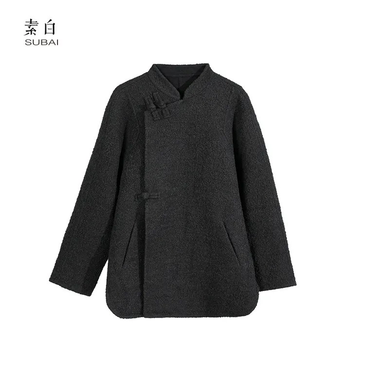 素白双面保暖【墨绒】P00853国风新中式羊毛斜门襟外套