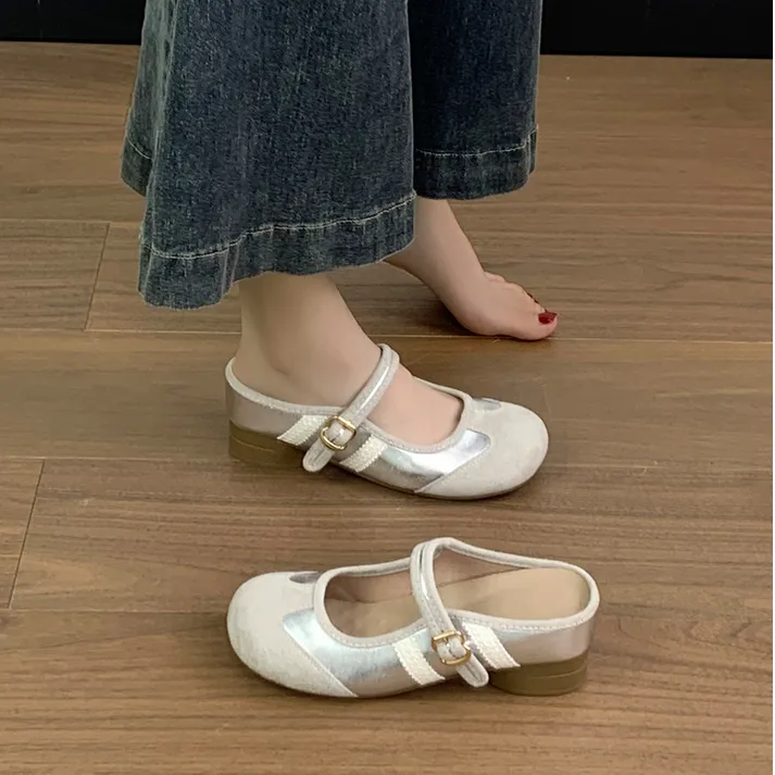 内增高真皮银色德训半拖鞋女2025夏季复古外穿一脚蹬厚底包头拖鞋
