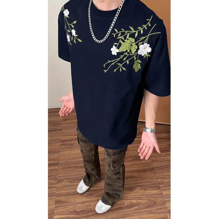 2025夏季新款美式复古高街ins宽松百搭小众设计款花卉刺绣短袖t恤