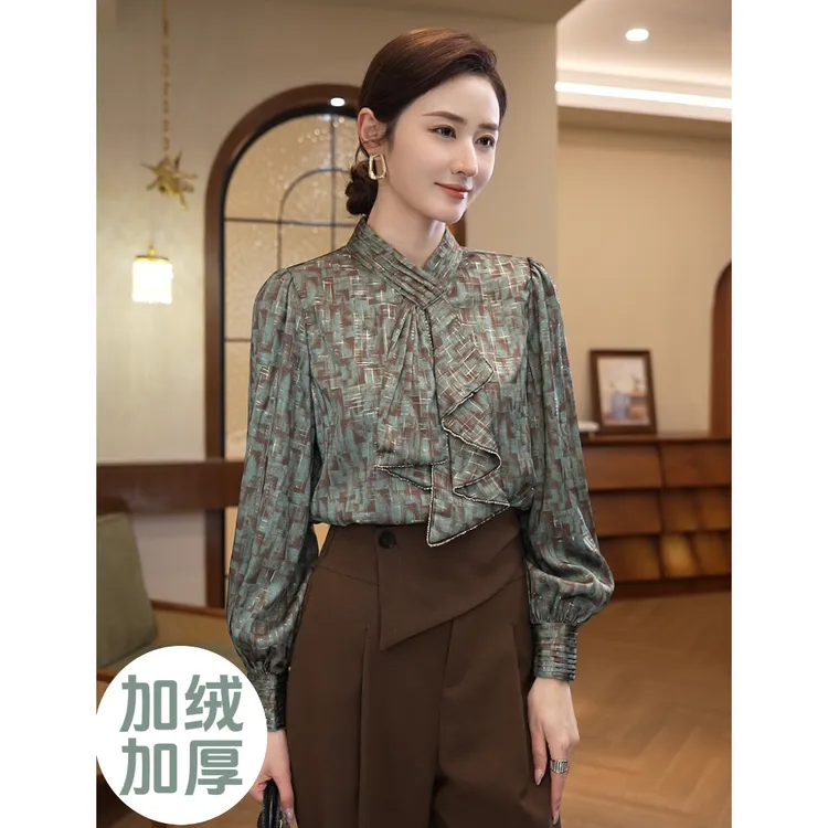 加绒版现货2025秋冬【DD-6255-2】时尚领巾飘带湖绿色新款衬衫上衣