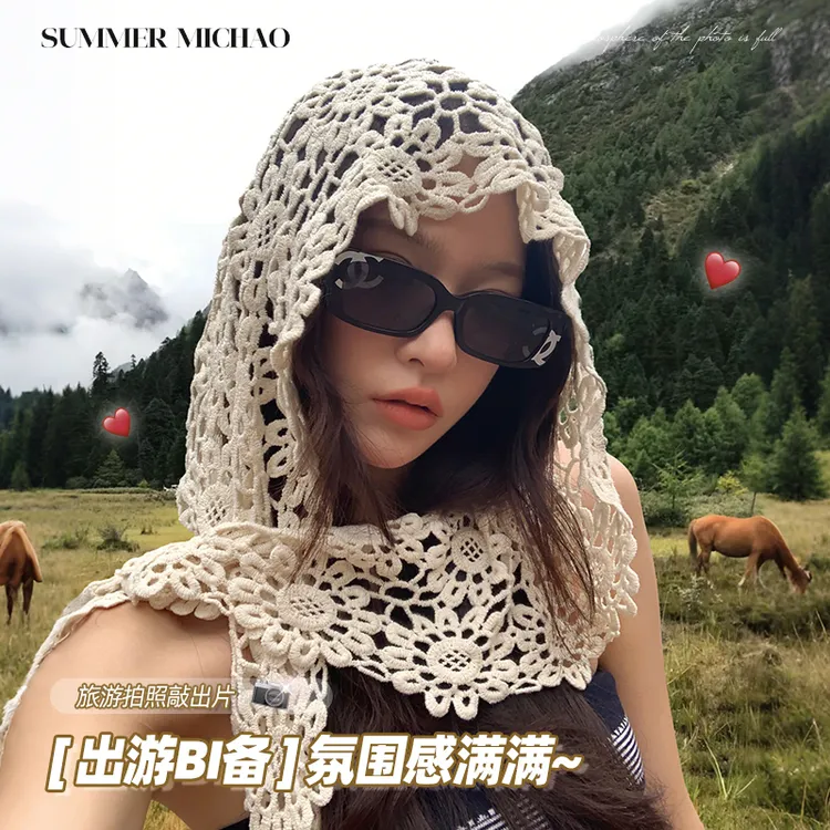 弥潮民族风薄款镂空蕾丝帽子旅游多用披肩帽圆顶包头帽时尚氛围感