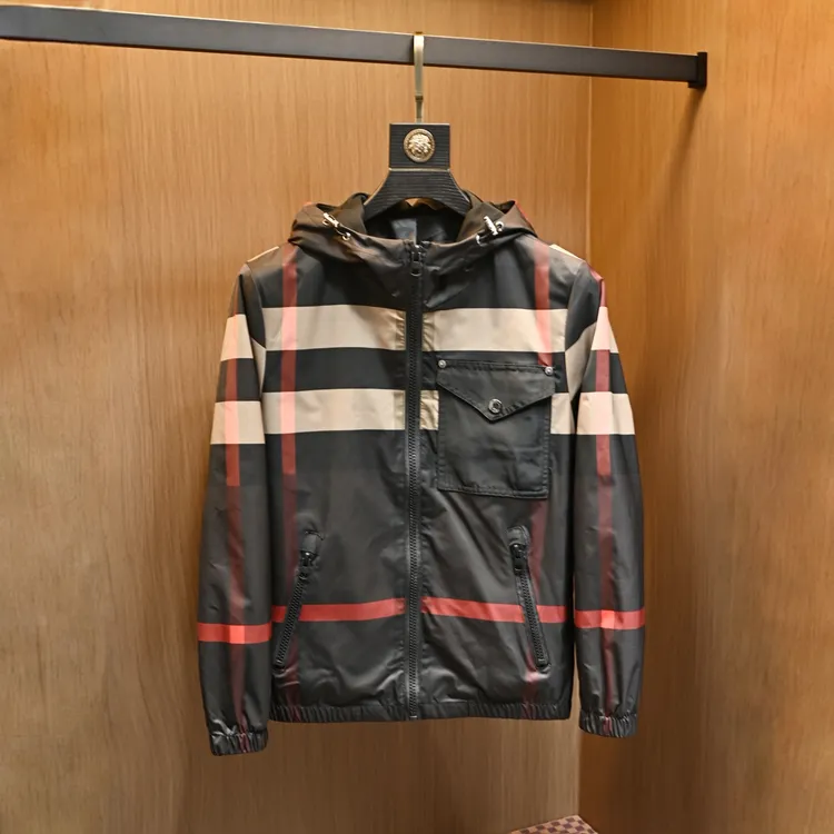 拉链欧美风渐变连帽格子秋季男装夹克潮流薄款经典印花
