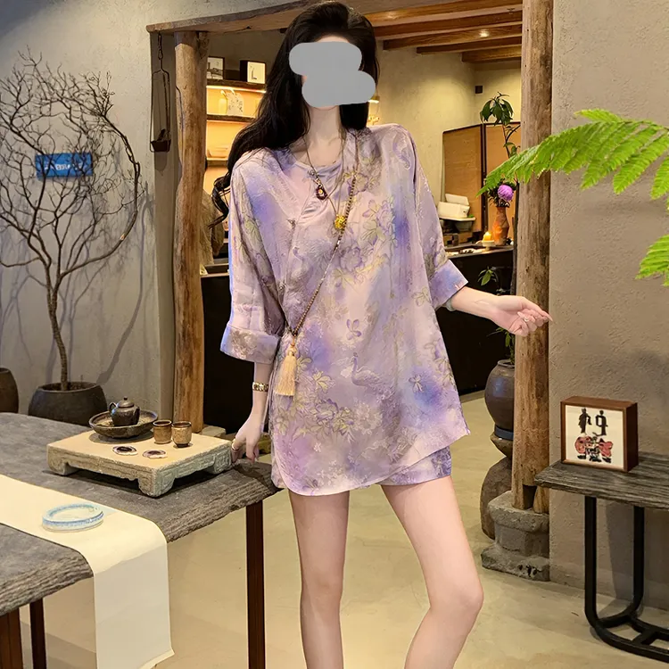 2025夏季设计感时尚仙鹤紫烟国风新中式植物提花花萝上衣短裤套装