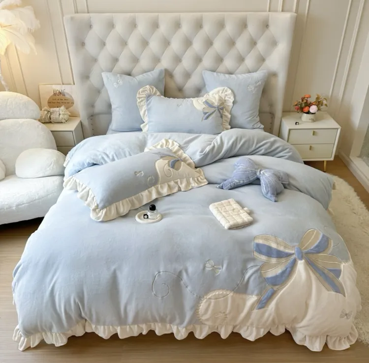  加厚高克重牛奶绒四件套三件套贴布绣卡通可爱风！