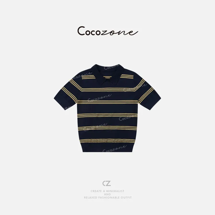 COCO ZONE 刘一一 条纹撞色polo领休闲短袖毛针织衫CD2A0438