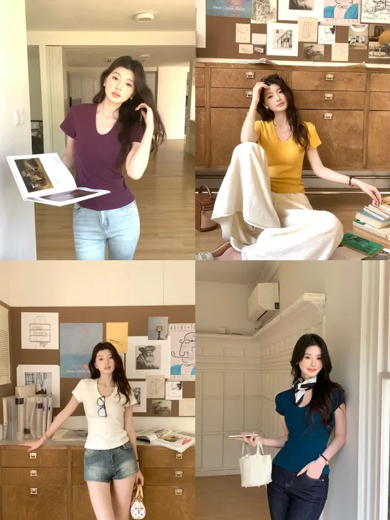 EIA一尧【有氧韩t】舒适简约日常气质短袖t恤多色百搭显瘦U领上衣女