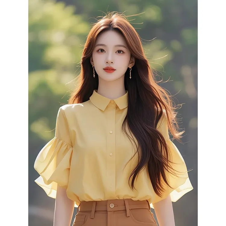 法式高级感黄色翻领衬衫女夏设计感独特漂亮小衫别致减龄半袖上衣