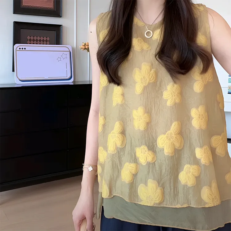 韩版轻奢高定新款提花无袖上衣网纱设计感气质宽松流行小衫T恤潮