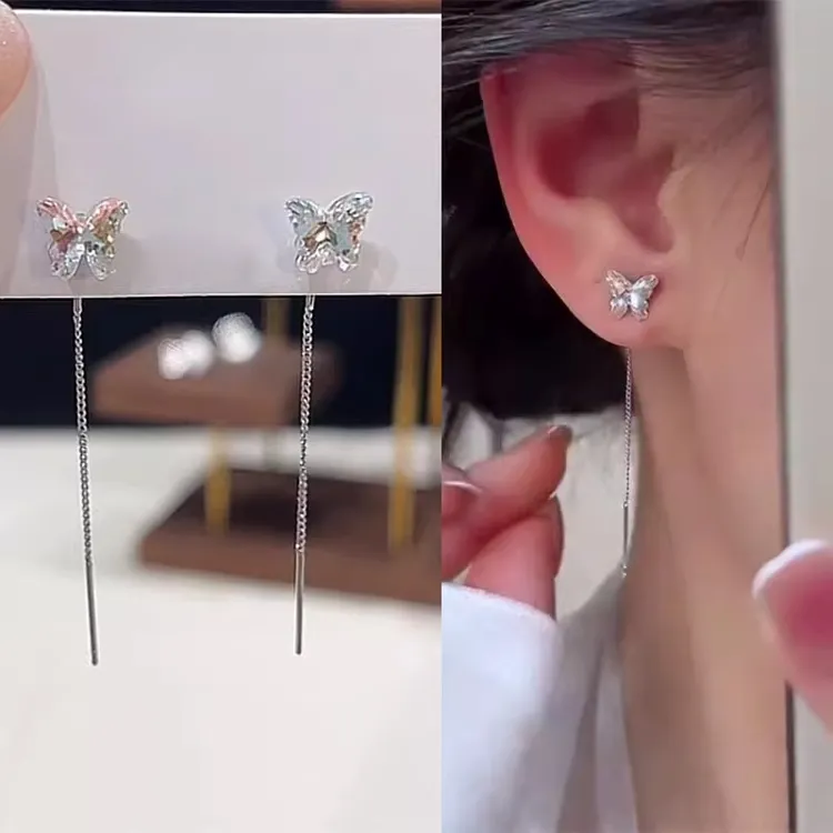 铜合金耳饰 2026年炫彩蝴蝶流苏耳线女轻奢气质长款显脸瘦耳饰