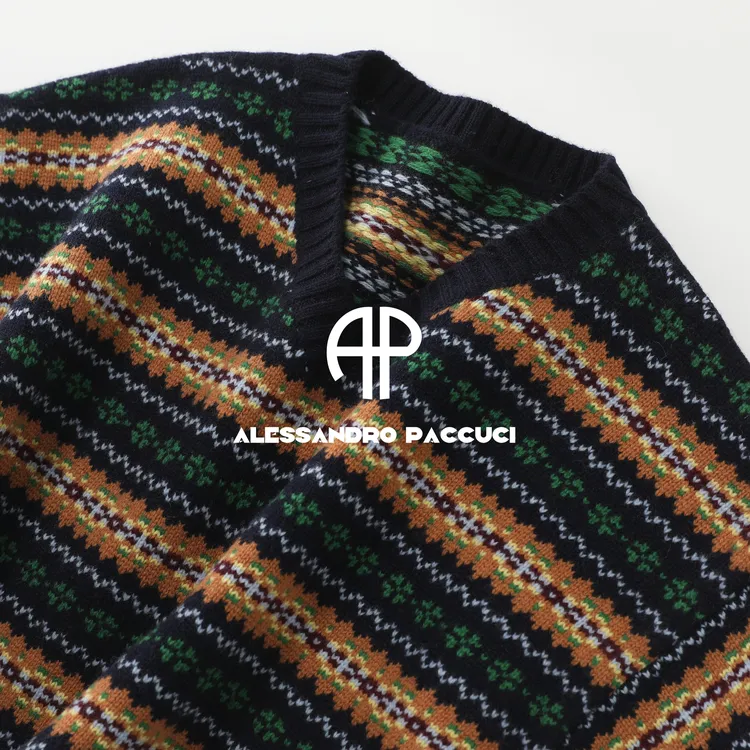 AP洛哥54293ST【青苹果千层】100羊毛V领条纹费尔岛提花短款套头衫