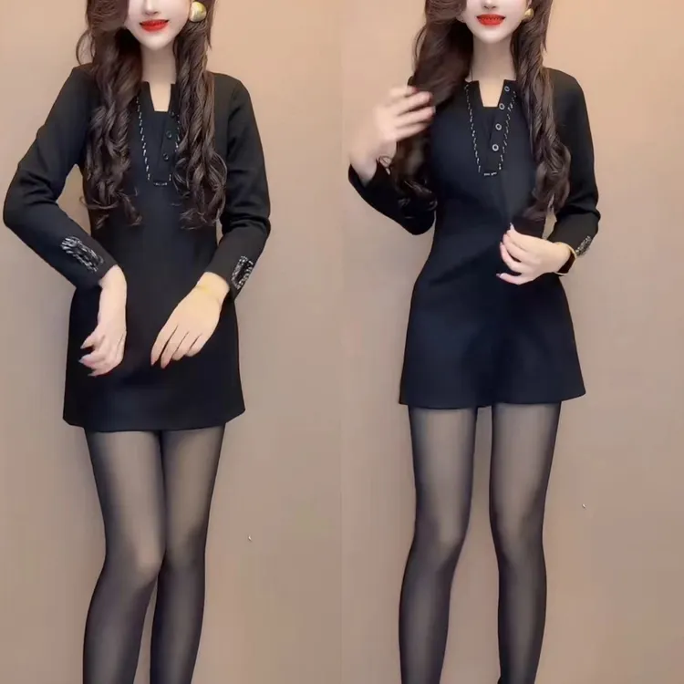 慵懒风法式网红黑色时尚中长款打底