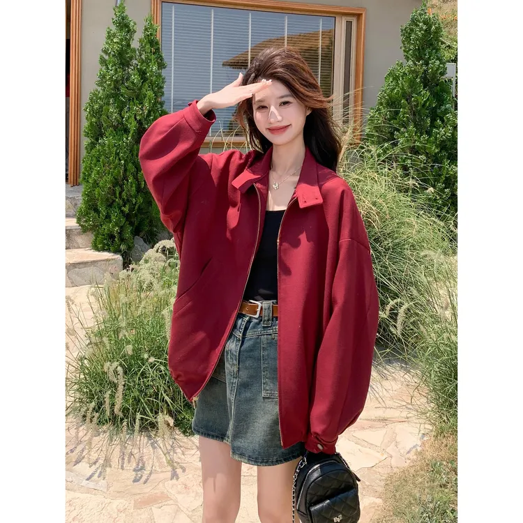 安可拉红韩系设计感立领短外套女2025秋季小个子休闲百搭夹克上衣