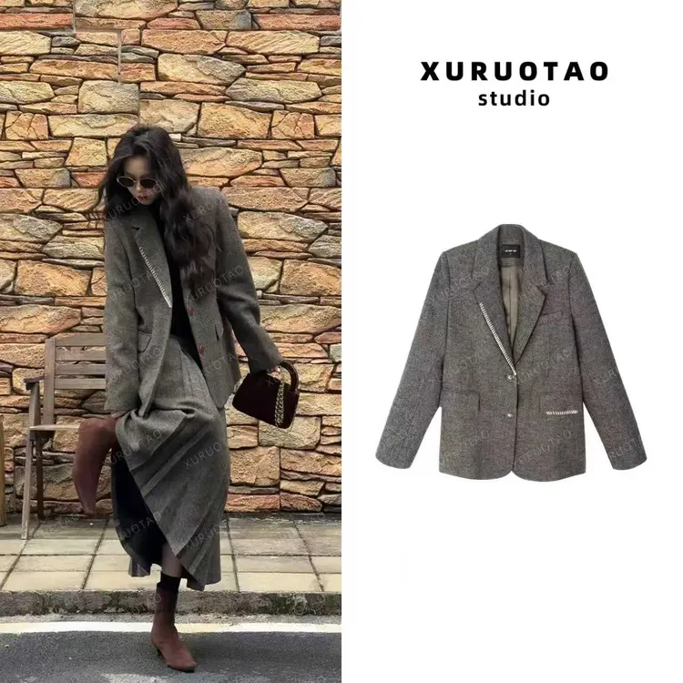 XURUOTAO【美拉德系西装】绵羊毛时髦设计显瘦灰色夹棉西装 T5779