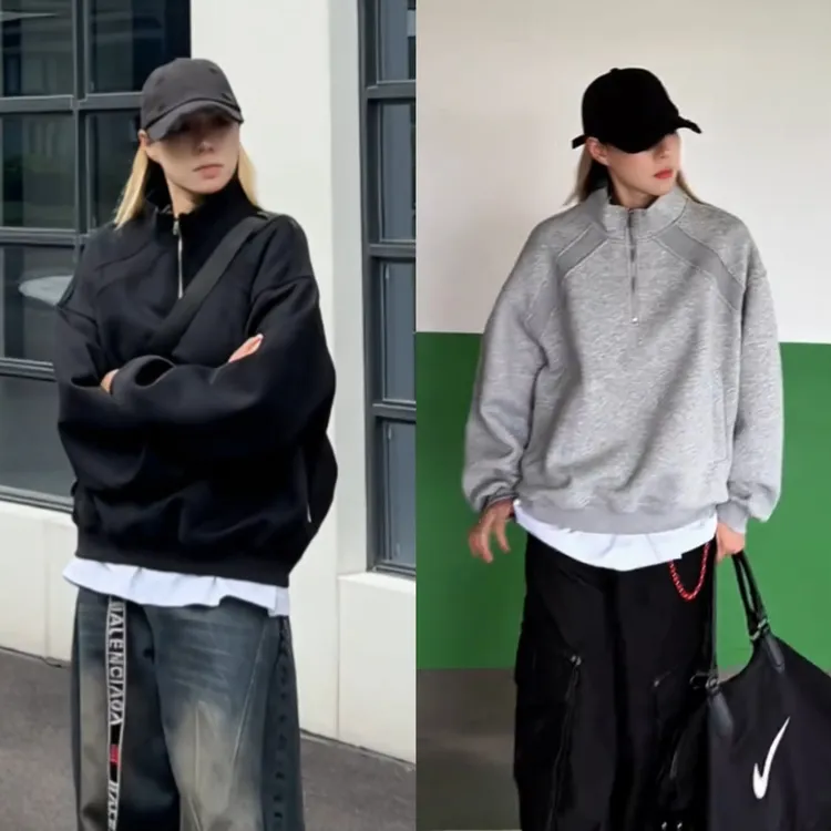 美式解构拼接半拉链套头卫衣女男秋潮牌cleanfit百搭休闲运动上衣