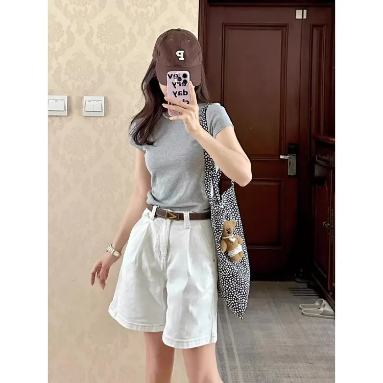白色牛仔短裤女士2025夏季新款高腰显瘦直筒中裤小个子阔腿五分裤