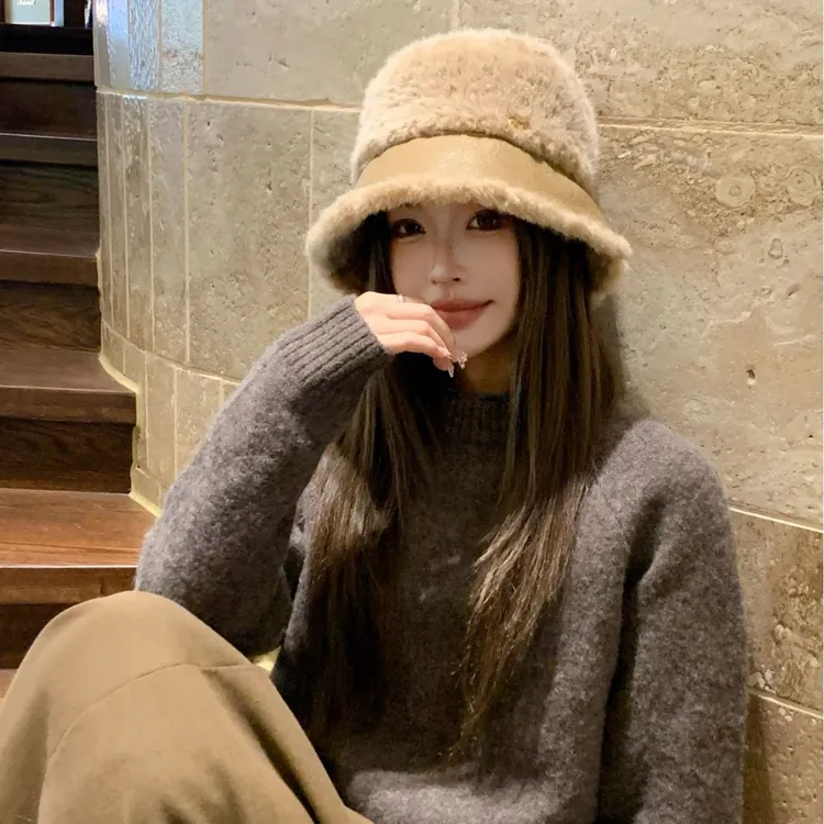 新款毛绒保暖盆帽女士秋冬季防寒套头针织渔夫帽韩版潮显脸小百搭