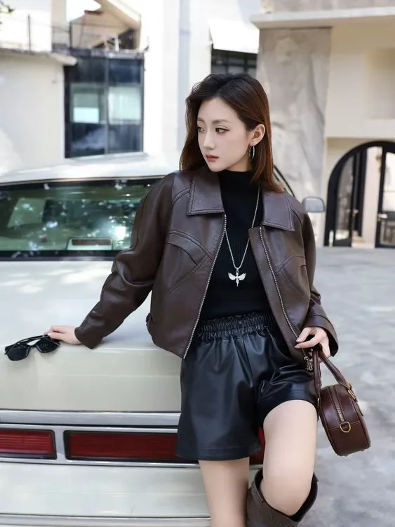 秋季新款复古短款皮衣外套女韩版修身格翻领水洗蛋白皮夹克