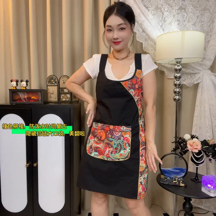时尚复古中国风围裙大口袋拉链家用围腰防泼水工作服厨房上班餐饮
