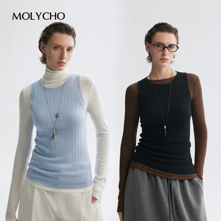 MOLYCHO｜层次叠穿/修身圆领无袖针织背心/宽坑条叠穿打底衫上衣