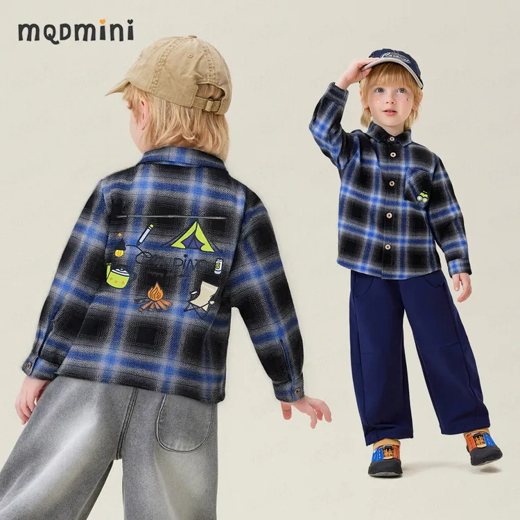 MQDMINI童装儿童格子衬衫男童单穿外套内搭打底上衣秋冬潮酷衬衣