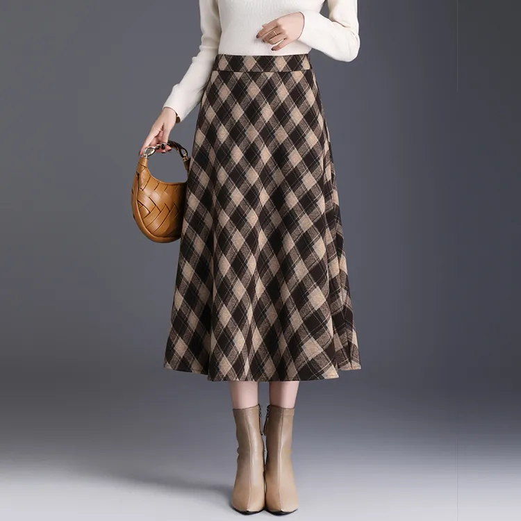 高腰通勤格子淑女风斜格半身裙中长款A字通勤百搭大摆气质百搭款