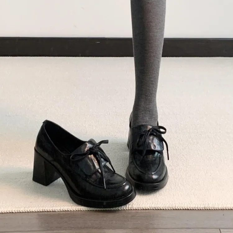 真皮版~复古粗跟增高8cm单鞋系带一脚蹬乐福鞋女英伦百搭小皮鞋