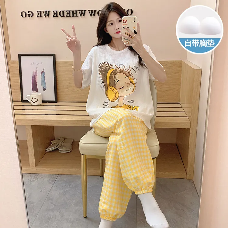 云朵棉睡衣女款爆款2025新款夏季带胸垫短袖长裤可外穿家居服套装