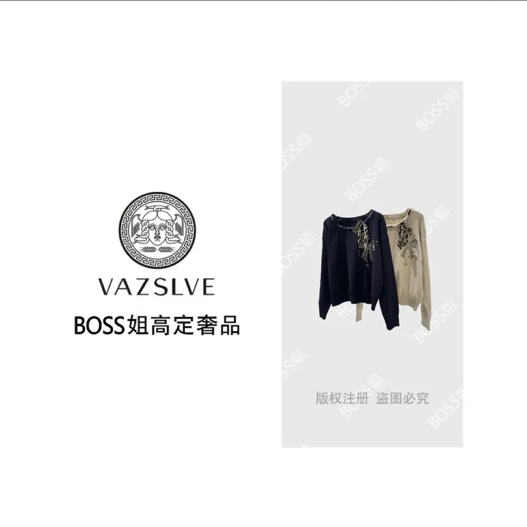 【VAZSLVE/全新奢品】捡漏复古圆领丝带款蝴蝶结烫钻针织衫M25116M