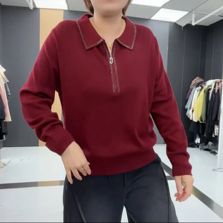 秋新款针织衫中年妈妈装时尚宽松显瘦翻领长袖气质网红休闲-7714
