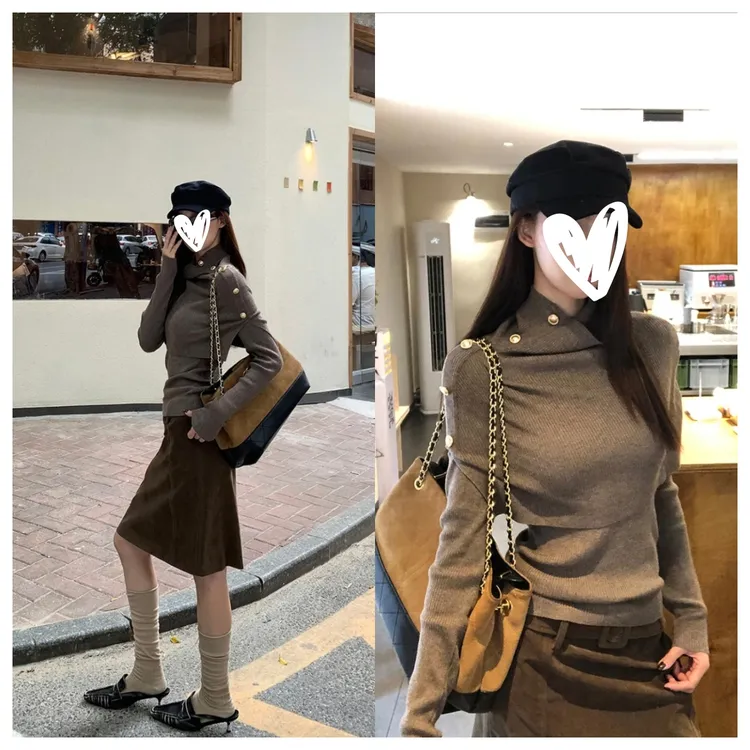 【一叶知秋】冬季气质千金不规则披肩时尚修身毛针织衫套装C6655