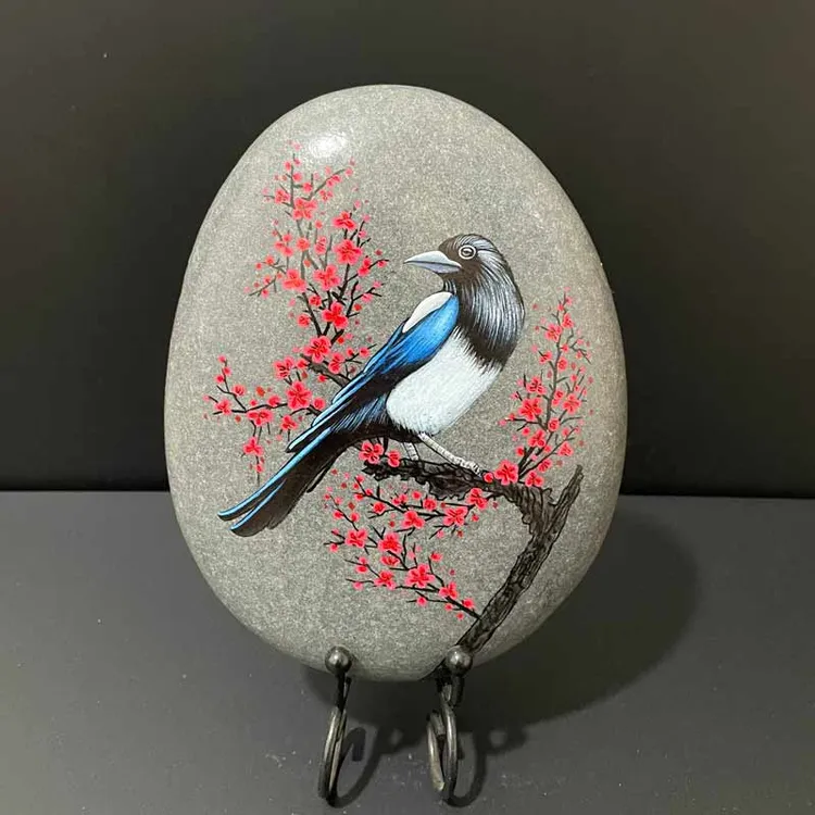 精品纯手绘不掉色丙烯石头画喜鹊喜上眉梢玄关办公室祝福礼品高端